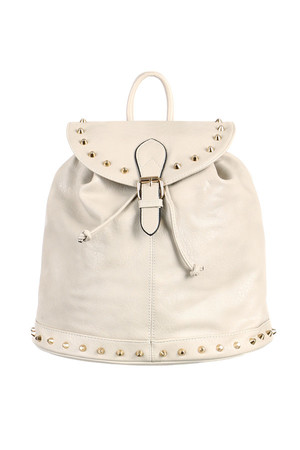 Women's leatherette backpack with golden studs. The main pocket is fastened to the patent. The backpack can also be pulled