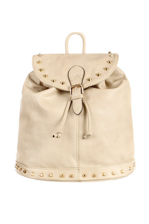 Women's leatherette backpack with golden studs. The main pocket is fastened to the patent. The backpack can also be pulled