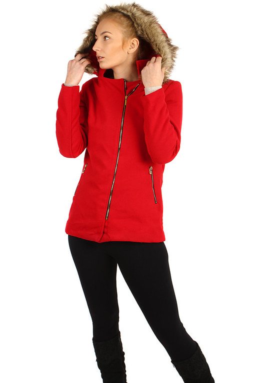 Ladies red jacket with fur on the hood