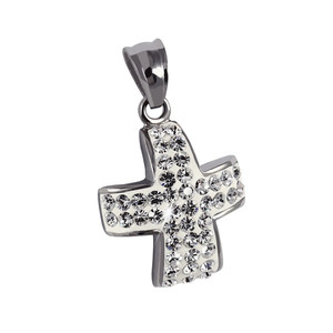 Surgical steel pendant with cross motif. Dimensions width 18mm, length 20mm.