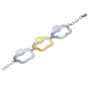 Stainless steel bracelet made of three flowers in silver-gold. Dimensions: 21 cm long, 4.5 cm wide.