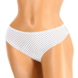Women's polka-dot microfiber panties with lace back. Material: 91% nylon, 9% spandex.