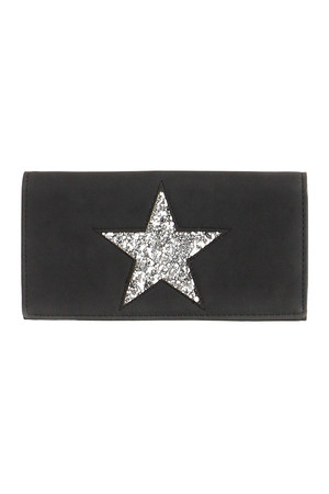 Leatherette wallet with star. Patenting. Inside, a small pocket, two compartments for banknotes and several card slots,