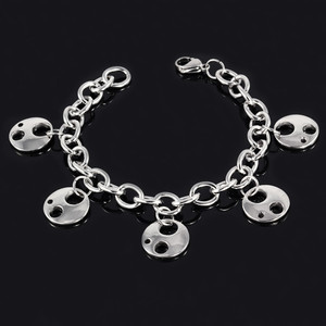 Surgical steel bracelet with round pendants. Dimensions: width 9mm, wheel 17mm, thickness 2mm, length 21cm