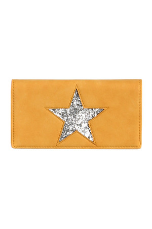 Leatherette wallet with star. Patenting. Inside, a small pocket, two compartments for banknotes and several card slots,