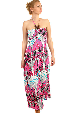 Patterned maxi dress with neck tie, decorated with beads. On the back of the firecracker. Material: 65% cotton, 35% polyester