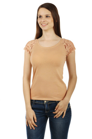 Women's Cotton Classic Shirt with Round Neck. Lace short sleeves give the shirt an interesting look. Suitable for