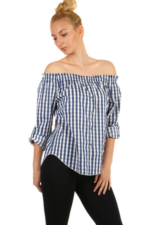 Elegant ladies t-shirt with tartan pattern. The neckline with sewn rubber can be adjusted as needed. Import: Italy Material: