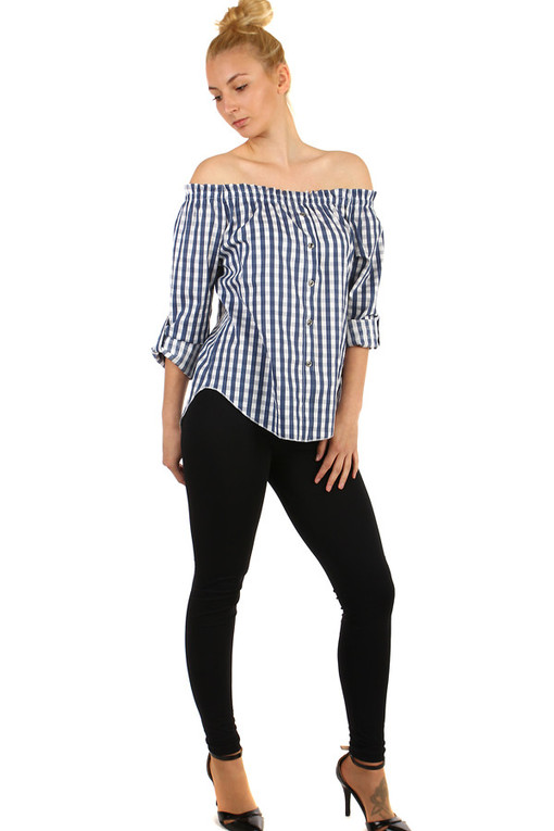 Women's blouse with checkered pattern and exposed shoulders