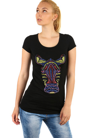 Women's cotton t-shirt with zebra picture. Round neck, short sleeve. Extended T-shirts have been used to sew two side,