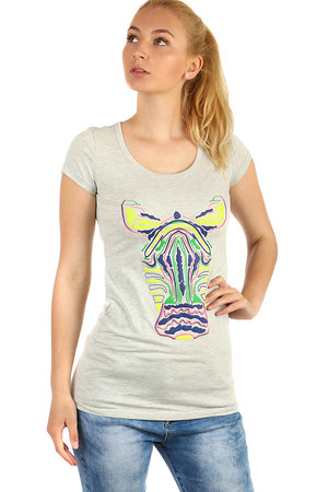 Women's cotton t-shirt with zebra picture. Round neck, short sleeve. Extended T-shirts have been used to sew two side,