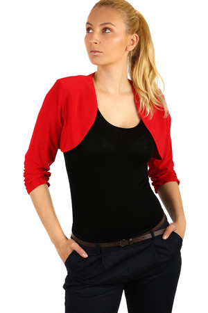 Women's solid color bolero with three-quarter length ruffled sleeves. double fabric front rounded bottom edges without