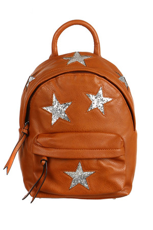 Original women's leatherette backpack decorated with sequins stars. Main zippered pocket. One small zipped pocket and two