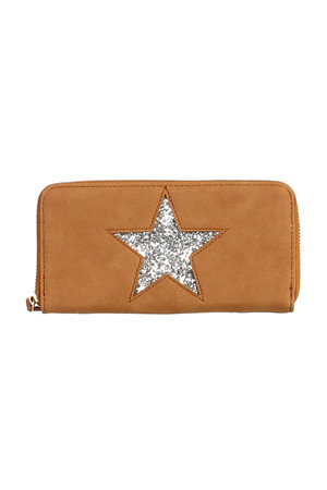 Stylish ladies wallet with glittering star. Zip fastening. Inside, several card compartments, banknote compartments and