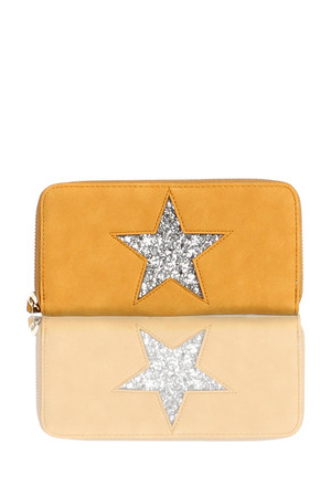 Stylish ladies wallet with glittering star. Zip fastening. Inside, several card compartments, banknote compartments and