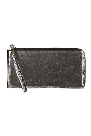 Women's metallic wallet with a handy loop. Zip fastening, inside the card compartment and a separate coin pocket. Dimensions:
