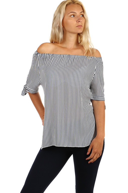 Striped ladies blouse with bare shoulders