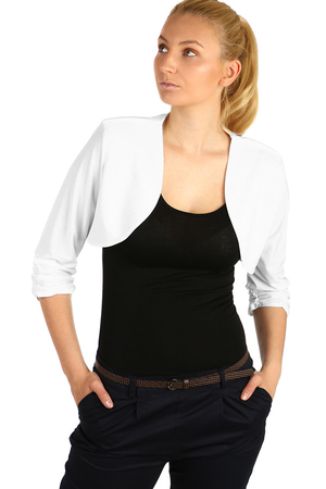 Women's solid color bolero with three-quarter length ruffled sleeves. double fabric front rounded bottom edges without