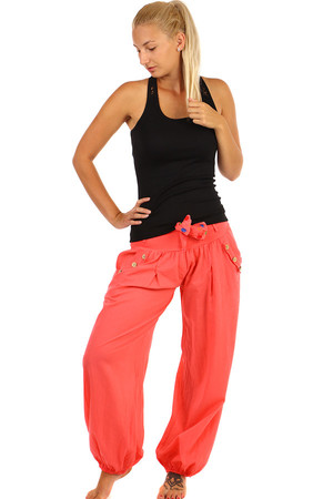 Comfortable loose women's pants - harem with decorative belt and buttons. Material: 95% cotton, 5% elastane. Import: Italy