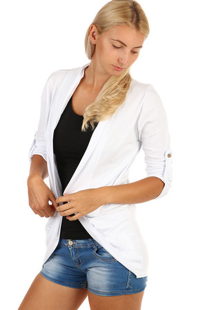 Solid color light cardigan with pockets. The sleeves can be folded and fixed with a knob. Material: 95% cotton, 5% elastane.