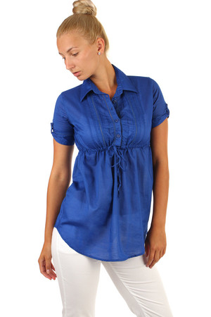 One-color women's short sleeve cotton blouse. Extended cut. Material: 100% cotton.