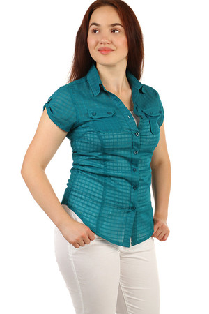One-color women's shirt with short sleeves. Slightly transparent material. Button fastening. Material: 100% cotton.