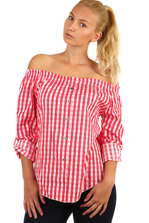 Women's blouse with checkered pattern and exposed shoulders