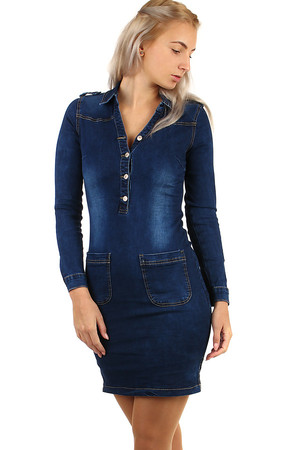 Dark blue women's denim dress with distinctive pockets and long sleeves. Material: 98% cotton, 2% elastane.
