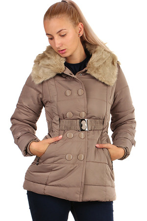 Women's winter jacket with decorative buttons and belt. Suitable for city / leisure. Zip fastening and buttons. detachable