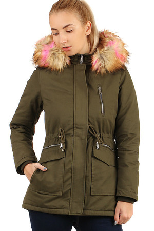Winter women's jacket - parka with basket and colored hood. Zip fastening. Suitable for city / leisure. plush lining extended