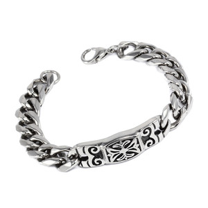Surgical steel chain bracelet with pattern. Length 23cm, width 12mm, mesh size 14mm, thickness 4mm.
