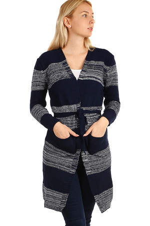 Long striped sweater with belt. Material: 70% acrylic, 30% wool.