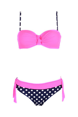 Women's two-piece swimsuit with polka dot bottom part. The cups are reinforced and have bones. Round hook fastening.