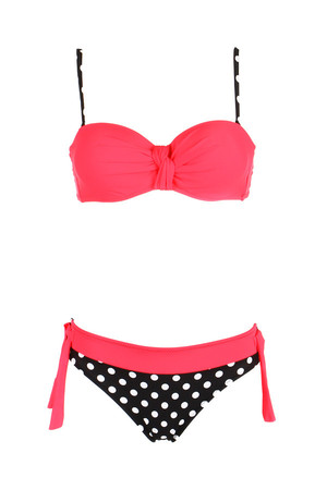 Women's two-piece swimsuit with polka dot bottom part. The cups are reinforced and have bones. Round hook fastening.
