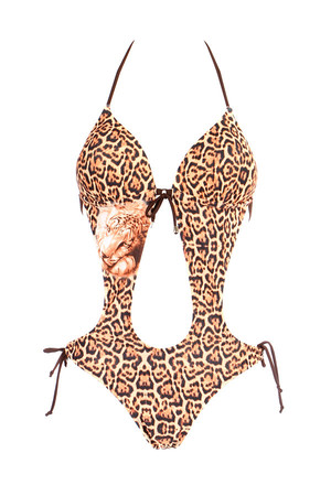 Women's one-piece swimsuit monokine with leopard pattern. Neck and neck tying. The cups are reinforced and have no bones.