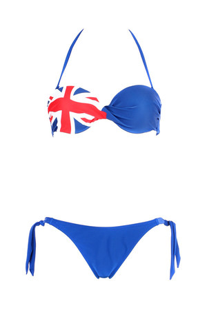 Women's two piece swimsuit - blue with British flag. Neck and neck binders. Material: 82% polyamide, 18% elastane