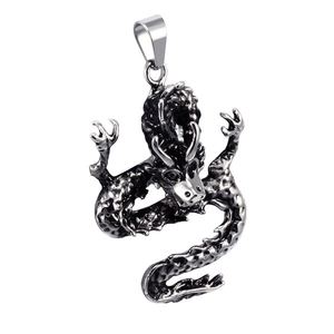 Surgical steel pendant with Chinese dragon motif. Dimensions height 43mm, width 35mm.