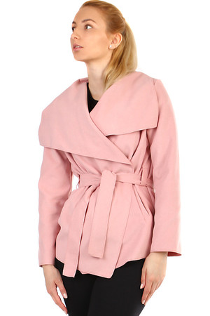 Ladies cardigan from warm material. Drawstring waist at the waist. Has a round collar and side pockets. Suitable for spring /