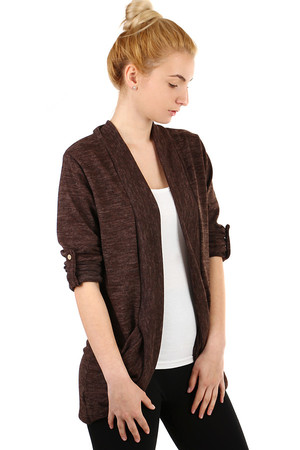 Long Sleeve Cardigan. Can be folded and fastened with knob. Pockets on the sides. Material: 95% polyester, 5% elastane.