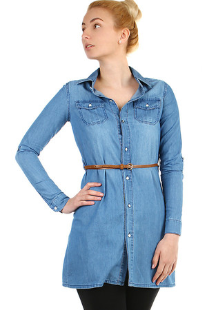 Women's extended denim blouse with belt. Button fastening. Suitable for spring / summer. Up to 3XL size - suitable for full