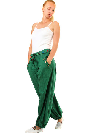 Comfortable loose women's pants - harem with decorative belt and buttons. Material: 95% cotton, 5% elastane. Import: Italy