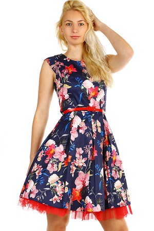 Short women's floral dress with red belt. Zip fastening. Up to size 46 - suitable for a full-bodied figure. Undershirt is not