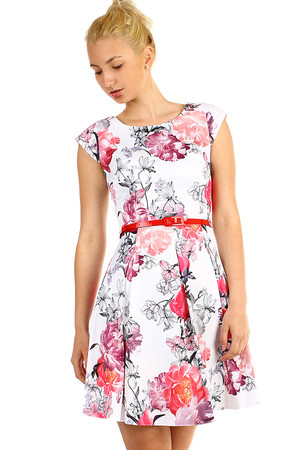 Women's short flowered dress of a cut, with red belt. Zip fastening. Up to size 46 - suitable for full body. Material: 95%