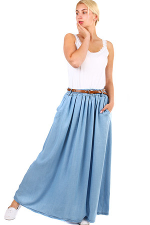 Women's summer monochrome maxi skirt with pockets and belt. The skirt has a stretched, stitched elastic waistband for
