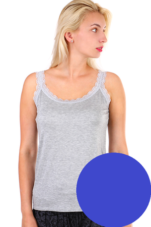 Women's elegant tank top with lace straps and neckline. Looser fit. Material: 95% viscose, 5% elastane. Import: Italy