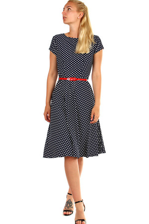 Women's short polka dot dress in retro style, with short sleeves and belt. Up to size 50 - also for plump. Material: 95%