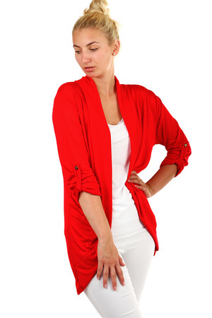 Women's light cardigan with pockets. The sleeves can be folded and fixed with a knob. Material: 95% viscose, 5% elastane.