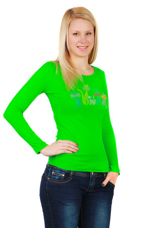 Women's cotton t-shirt. On the front is a flintish picture with a motif of cats. Long sleeve. Round neckline. Suitable for