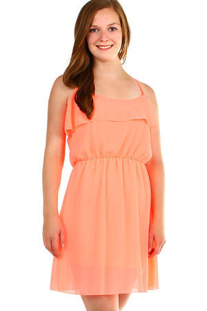 Ladies' mini summer dress, free cut, with ruffles and thin straps. Material: 100% polyester (95% viscose lining, 5% elastane)
