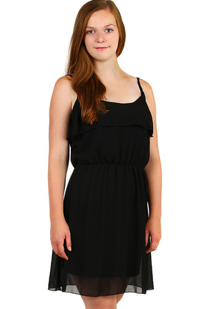 Ladies' mini summer dress, free cut, with ruffles and thin straps. Material: 100% polyester (95% viscose lining, 5% elastane)